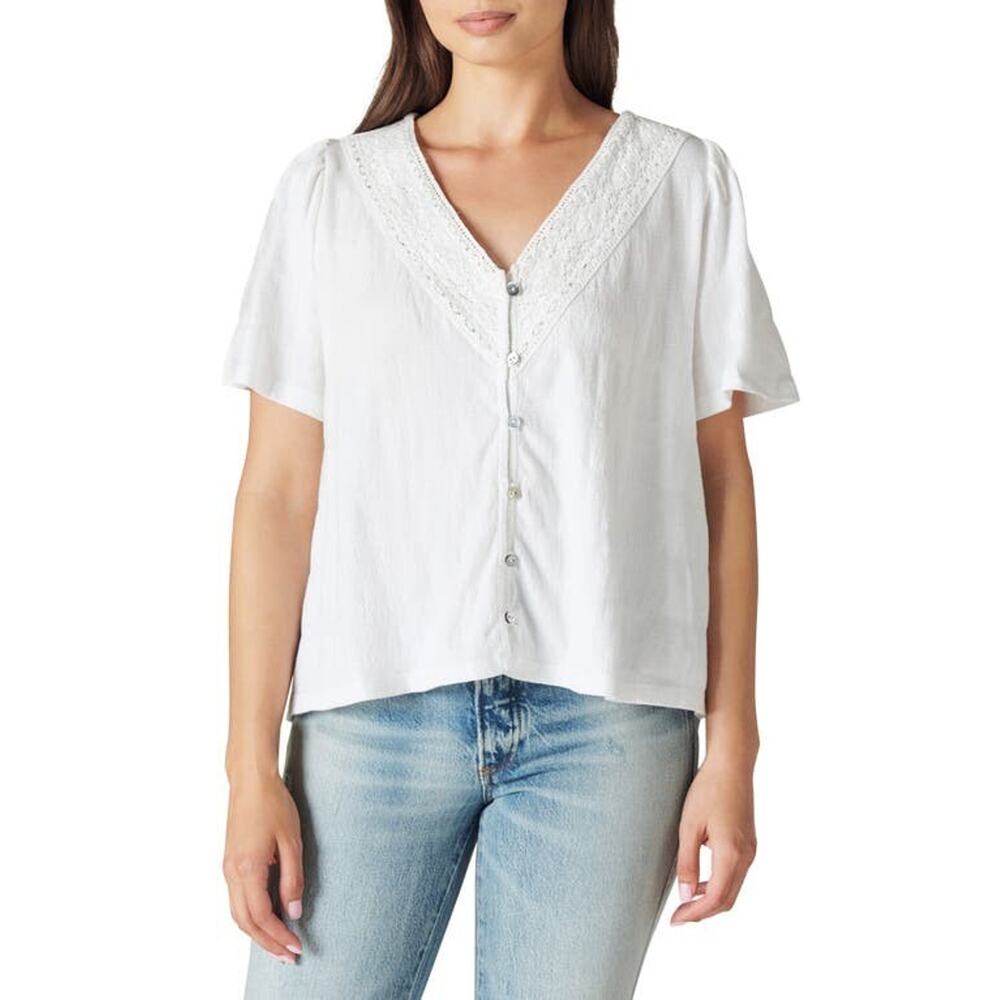 Lucky Brand Lace-Trim Shirt - Bright White Sz Sm